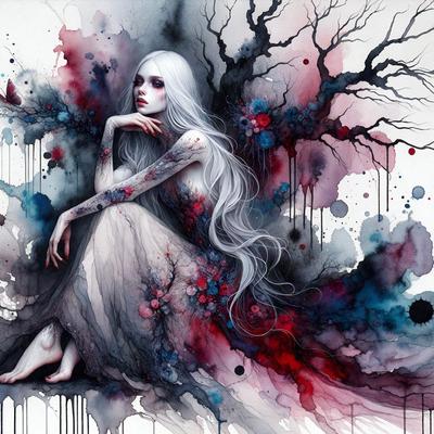 The primary subject of the image is a woman with long white hair, sitting and holding her chin. She is surrounded by a vibrant and colorful environment, which includes a tree and a butterfly. The setting appears to be a mix of a forest and a city, with a tree in the background and a cityscape in the foreground. The visual style of the image is a combination of digital art and illustration, creating a unique and artistic representation of the woman. The colors and mood of the image are